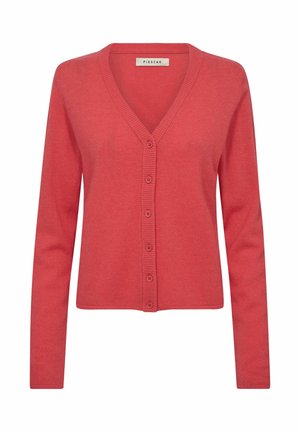 Piros, hosszú ujjú kardigán V-nyakkivágással, bordázott szegéllyel és gombos elülső záródással. Puha, kötött anyag, sima tapintású.