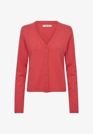 Cardigan rosso a maniche lunghe con scollo a V, bordo a coste e chiusura frontale con bottoni. Tessuto morbido, lavorato a maglia con una texture liscia.