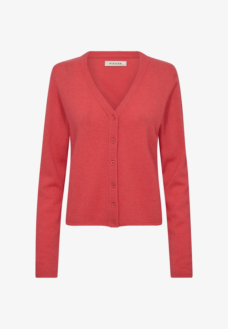 Raudonas, ilgomis rankovėmis megztinis su V formos iškirpte, briaunotu apvadu ir sagomis priekyje. Minkšta, megzta medžiaga su lygiu paviršiumi.