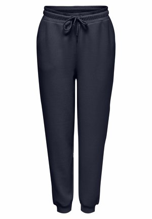 Marineblå joggebukser med elastisk midje, snøring og sidelommer. Taperede ben med ribbestrikkede mansjetter ved anklene. Myk stofftekstur.