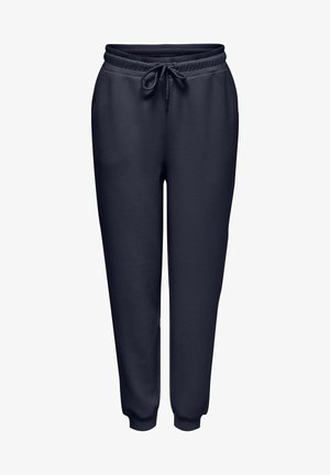 Marineblå sweatpants med elastisk talje, snøre og sidelommer. Taperede ben med ribbede manchetter ved anklerne. Blød stoftekstur.