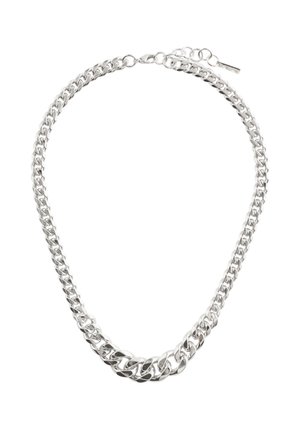 Silberne Kettenhalskette mit ineinanderliegenden Gliedern, polierter Metalloberfläche und verstellbarem Verschluss mit einer kleinen Verlängerungskette.