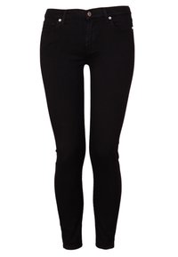 Vaqueros pitillo negros hechos de mezclilla, con un diseño clásico de cinco bolsillos, cierre frontal de botones y cremallera, con una textura suave.