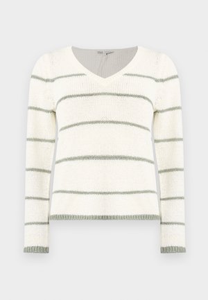 Suéter de punto con escote en V, con rayas horizontales en blanco y verde claro. Manga larga, con detalles de puños y dobladillo acanalados.