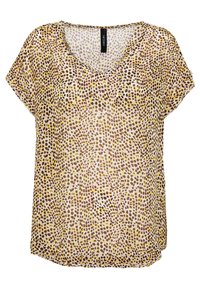 Bluzka z dekoltem w serek, z rękawami typu cap i luźnym krojem. Posiada wzór brązowych i żółtych kropek na jasnobeżowym tle.