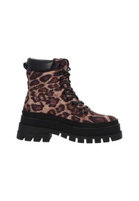 Stivaletti alla caviglia con stampa leopardata, stringati, con colletto in pelle nera e suola in gomma nera spessa; dotati di un disegno del battistrada robusto.