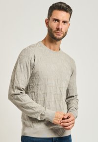 Maglione lavorato a maglia grigio chiaro con un motivo geometrico, maniche lunghe, polsini a coste e un design a girocollo. Texture liscia e forma aderente.