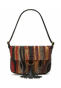 Borsa a tracolla con perline e motivi multicolori in rosso, nero e oro; presenta un pattina, un anello in metallo dorato e un dettaglio con nappina nera.