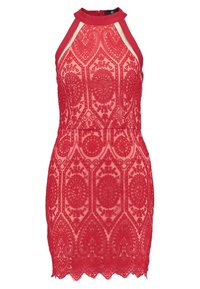 Abito halter in pizzo rosso con motivo paisley intricato, texture trasparente, silhouette aderente e orlo scallop. Presenta accenti chiari a contrasto.
