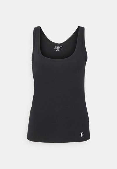 Black tank top made of smooth, stretchy material. Features a scoop neckline and thin straps. Small logo detail at the lower left hem.