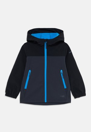 Giacca a cappuccio nera e grigio scuro per bambini, con cerniera blu e dettagli delle tasche blu, polsini elastici e fodera del cappuccio blu morbida.