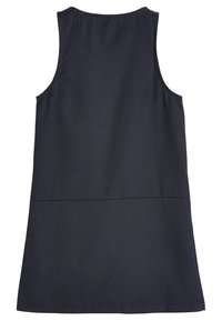 Rochie fără mâneci de culoare bleumarin închis, confecționată din bumbac. Design simplu, cu gât rotund și tiv drept, având un detaliu cusut în jurul taliei.