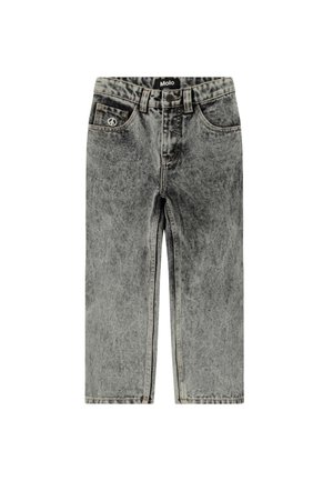 Graue Jeans aus Acid-Wash-Denim mit Knopfverschluss, Gürtelschlaufen, Vordertaschen und einem kleinen Peace-Zeichen-Emblem auf der rechten Tasche.