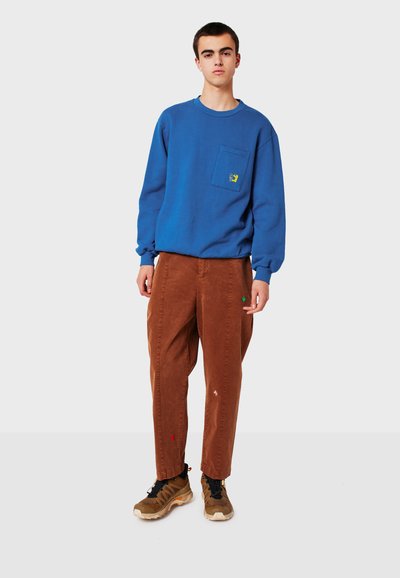 Felpa blu con tasca frontale e logo verde, abbinata a pantaloni di corduroy marroni con piccoli dettagli ricamati colorati. Sneakers marroni.