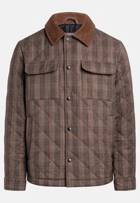 Veste matelassée à carreaux marron avec col en velours côtelé, boutons-pression à l'avant et deux poches poitrine à rabat.
