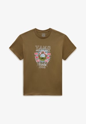 T-shirt in cotone marrone con una grafica che presenta fiori e la scritta: "VANS OF THE WALL TOUR 1966" in bianco sul davanti. Collo rotondo.