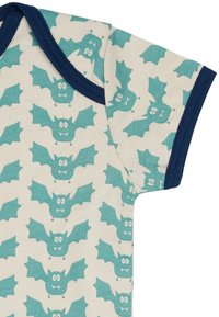 Baumwoll-Babystrampler mit hellbeigem Hintergrund, der ein türkises Fledermausmuster und marineblauen Besatz am Kragen und den Ärmeln aufweist.