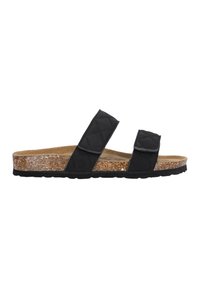 Svarta kviltade sandaler med två justerbara remmar, korkfotbädd och strukturerad gummiyttersula. Har en platt, öppen design.