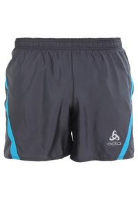 Pantalones cortos deportivos para hombre, hechos de un material ligero de color gris oscuro con acentos laterales azules y cinturilla elástica; presenta el logo de Odlo en el frente.
