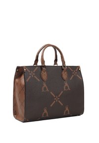 Borsa a mano in pelle marrone con motivo a monogramma, forma strutturata, doppi manici e accenti in metallo dorato lucido.