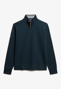 Marineblaues Sweatshirt mit Rundhalsausschnitt aus glattem Stoff, mit einem Viertel-Reißverschluss-Kragen, langen Ärmeln und gerippten Bündchen.