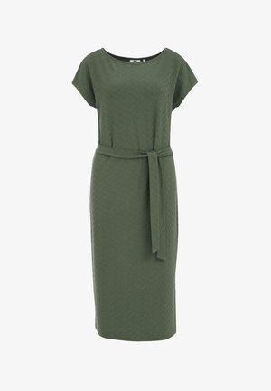 Green textured dress with a belted waist, cap sleeves, and a knee-length silhouette. Features a subtle zigzag pattern throughout.