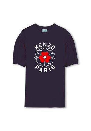T-shirt bleu marine en coton, ornée d'un design floral coloré avec des accents rouges et blancs, et "KENZO PARIS" imprimé en dessous du motif.