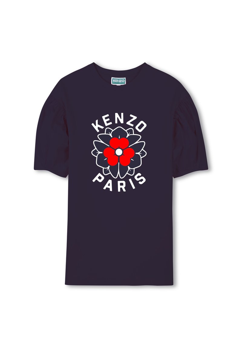 Navy blue t-shirt made of cotton, featuring a colorful floral design with red and white accents, and "KENZO PARIS" printed below the graphic.