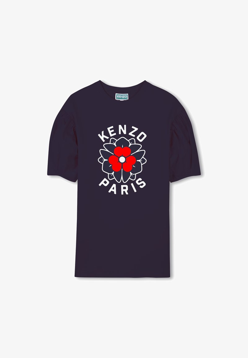 Navy blue t-shirt made of cotton, featuring a colorful floral design with red and white accents, and "KENZO PARIS" printed below the graphic.