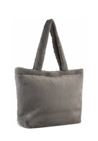 Borsa a tracolla grigia in morbido peluche con una texture soffice e pelosa, forma rettangolare e due manici robusti per un facile trasporto. Nessun hardware o accento visibile.