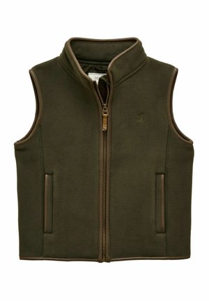 Donkergroene fleece bodywarmer zonder mouwen met een ritssluiting aan de voorkant en twee zijzakken, afgewerkt met bruine bies.