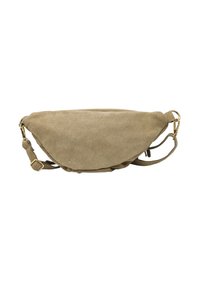 Sac en cuir suédé croisé de couleur beige clair, présentant un design arrondi, une bandoulière ajustable et des accessoires en métal doré pour la fermeture et les détails.