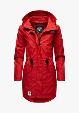 Rote wasserdichte Parka mit Kapuze, Kordelzug in der Taille und zwei Vordertaschen. Glatte Textur mit Knopf- und Reißverschluss.
