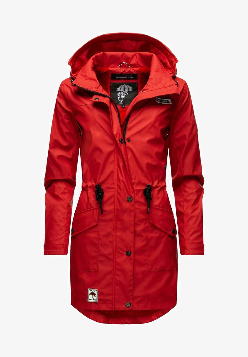 Red waterproof parka featuring a hood, drawstring waist, and two front pockets. Smooth texture with button and zipper closures.