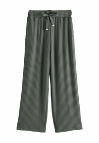 Grijze geribbelde wijde broek met een elastische tailleband, strikdetail en zachte textuur. Kenmerkt zich door een klein merkje aan de zijkant.