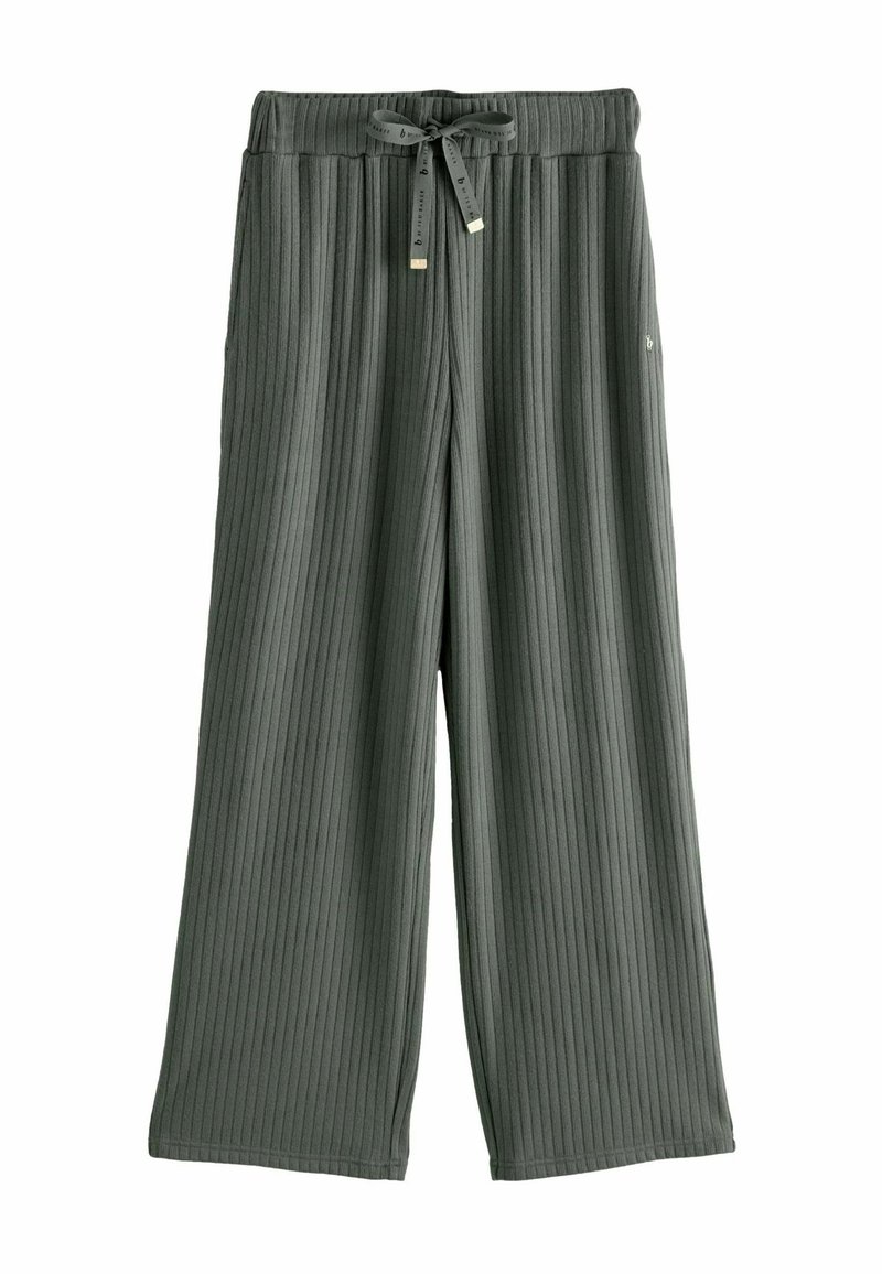 Grijze geribbelde wijde broek met een elastische tailleband, strikdetail en zachte textuur. Kenmerkt zich door een klein merkje aan de zijkant.