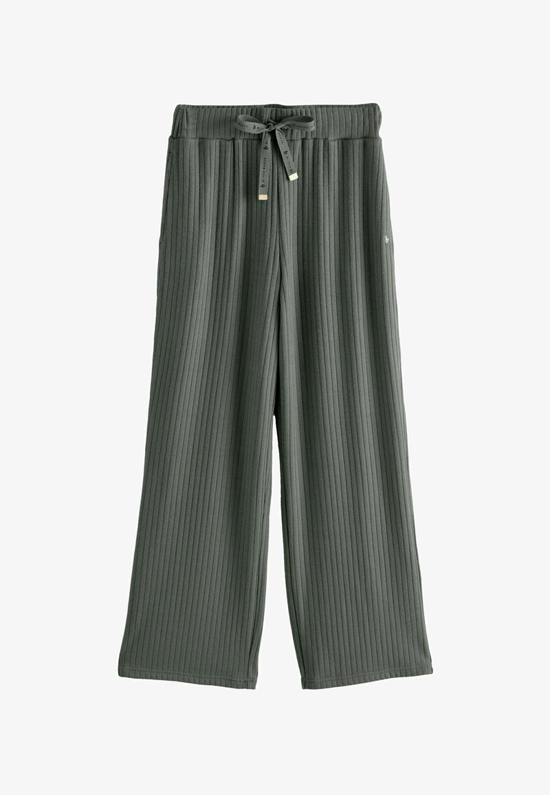 Pilkos raukšlėtos plačios kelnės su elastine juosta, raišteliu ir minkšta tekstūra. Šone yra nedidelis prekės ženklą atitinkantis logotipas.