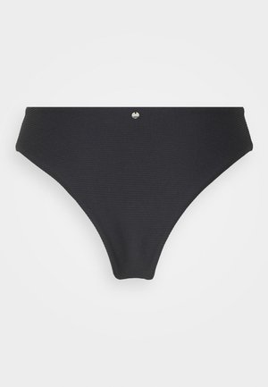 Svart bikini-bunn laget av ribbet stoff, med moderat høyde og en liten metalldetalj foran. Glatt tekstur gjennom hele.