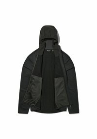 Zwarte capuchonjas met een gestructureerde buitenkant, gaas interieur en twee gaaszakken. Voorzien van een voorrits en een slim fit ontwerp.