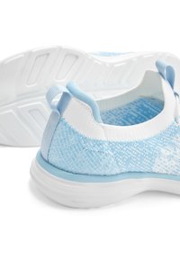Light blue and white athletic shoes with a knit upper, textured design, pull tab, and rubber sole featuring a patterned tread.