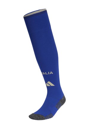 Blå knähöga fotbollssockor med ribbad textur, grå detaljer vid tårna och hälen samt vit "ITALIA"-logotyp. Har Adidass tre ränder på toppen.