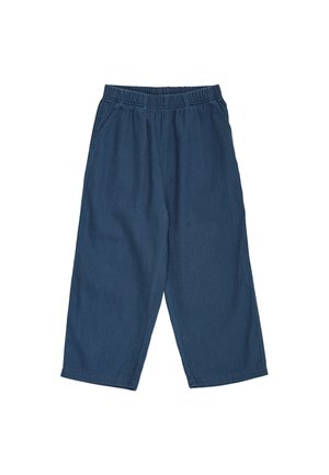 Pantaloni blu navy a gamba larga con vita elastica e tasche laterali, lunghezza cropped, realizzati in tessuto morbido.
