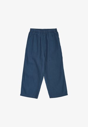 Navy blue wide-leg pants with elastic waistband and side pockets, cropped length, made from soft fabric.