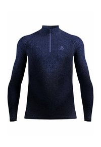 Navy long-sleeve zip-neck top with textured fabric featuring a subtle pattern, slim fit, and a single zip closure at the neck.