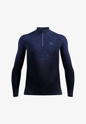 Marineblaues Langarm-Oberteil mit Reißverschluss und strukturiertem Stoff, das ein dezentes Muster aufweist, slim fit geschnitten ist und einen einzelnen Reißverschluss am Hals hat.