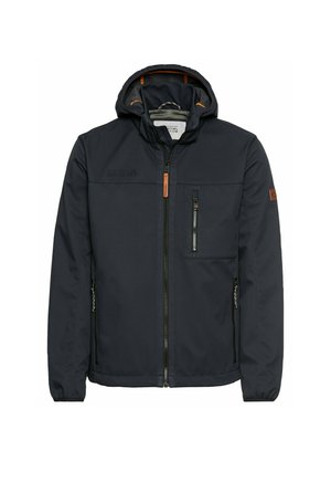 Marineblaue Jacke mit einem Frontreißverschluss, verstellbare Kapuze und mehreren Taschen. Merkmale sind Lederakzente und eine strukturierte Stoffoberfläche.