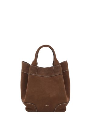 Brown suede tote bag with short handles, visible white stitching, and a small "abro" logo at the bottom center.