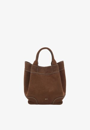Brown suede tote bag with short handles, visible white stitching, and a small "abro" logo at the bottom center.