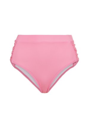 Hochgeschnittene pinkfarbene Bikinihose mit gerafften Seitendetails, aus glattem Stoff gefertigt, mit einfarbigem Design und elastischem Bund.