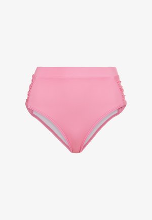 Kõrge vöökohaga roosad bikinitooted, millel on kokkusurutud külje detailid, valmistatud siledast kangast, millel on ühtlane värv ja elastne vöökoht.